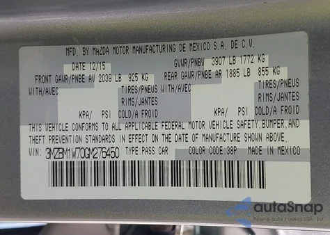 2016 Mazda Mazda3 I Touring z USA, uszkodzony, nr VIN 3MZBM1W70GM276450